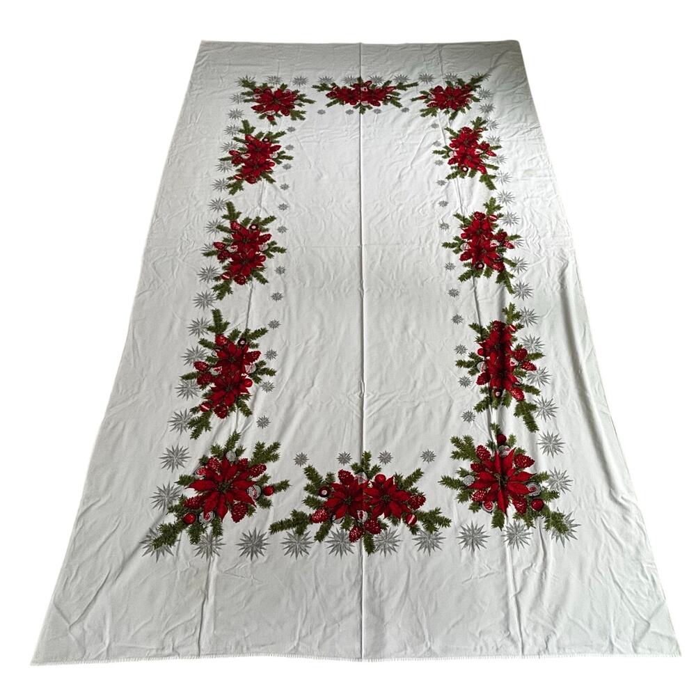 Vintage Christmas tablecloth printed cotton border print white & red poinsettias